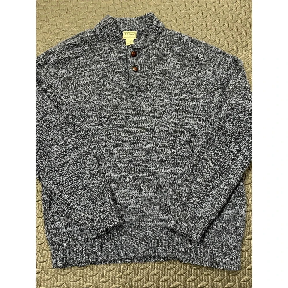 LL Bean Mens XL Henley Sweater Blue Knit 100% Lambswool Fisherman Chunky Buttons